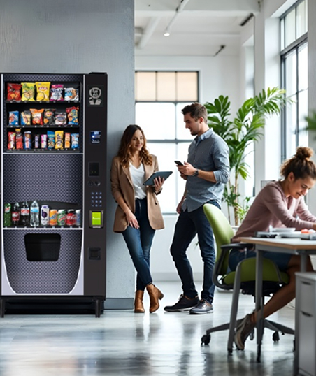 Three coworkers in a modern office near a snack and drink vending machine, with one working at a desk and two chatting nearby.