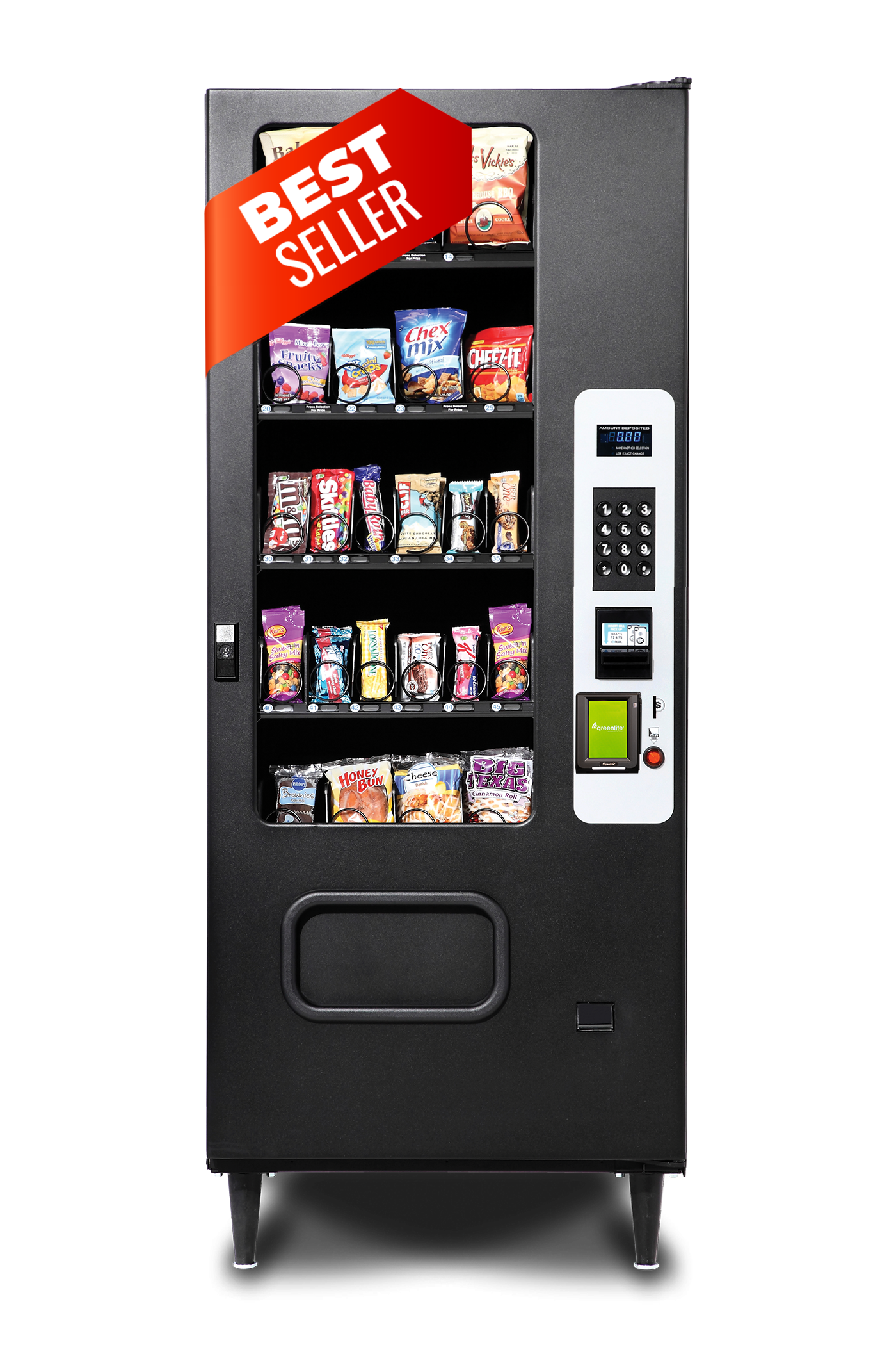 Vending.com's best seller snack vending machine, fully stocked with various snacks like chips, candy, and pastries, featuring a modern cashless payment system.