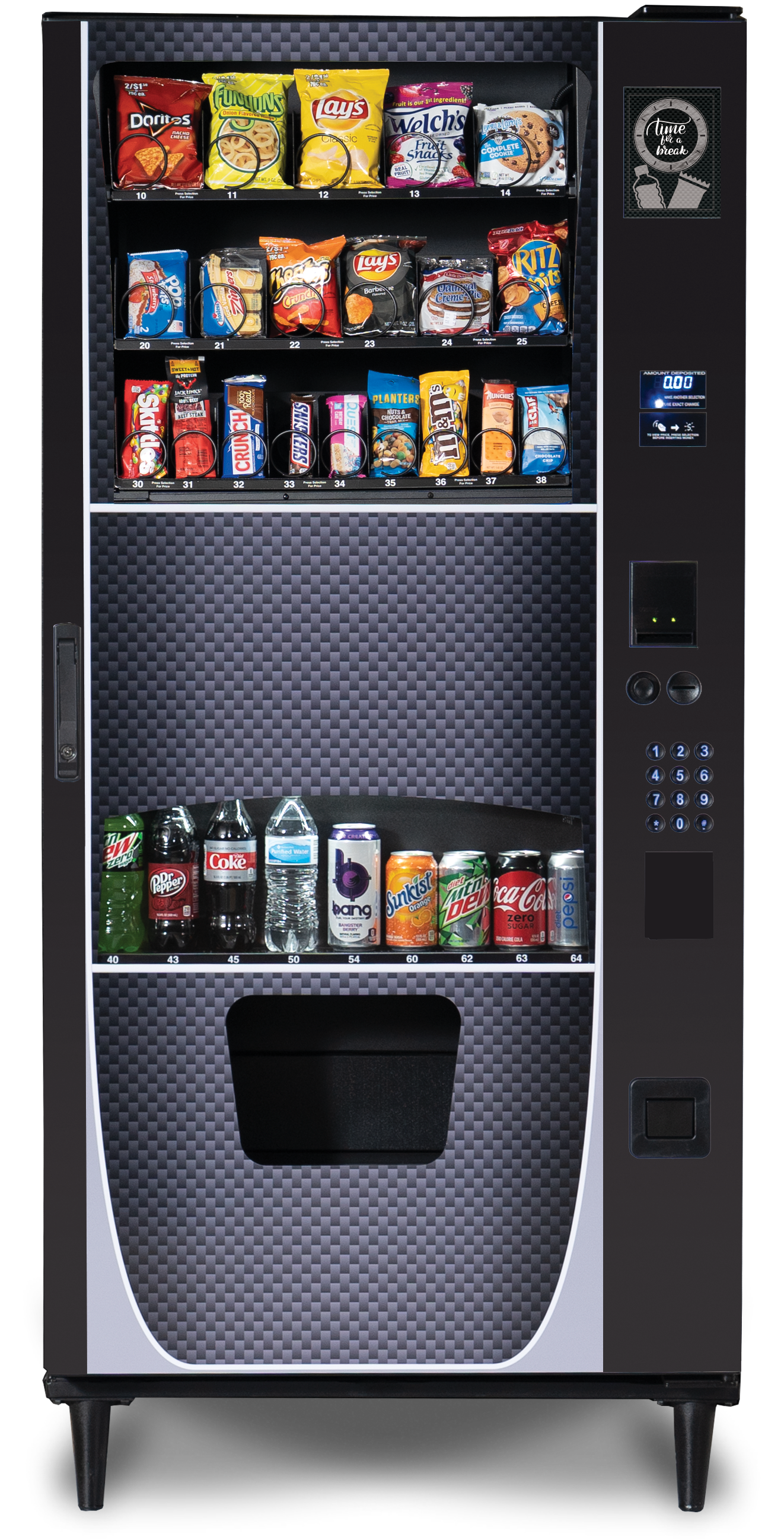 Modern vending machine for sale stocked with snacks and beverages, featuring a sleek design, digital keypad, and display for convenient purchasing options.