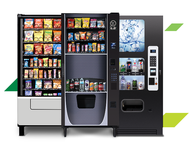 Three modern vending machines fully stocked with snacks and beverages. Buy vending machines at Vending.com