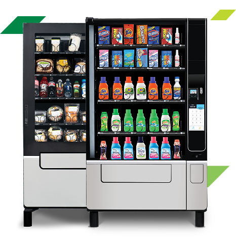 Two vending machines stocked with food items and household cleaning products against a black background with green graphic accents