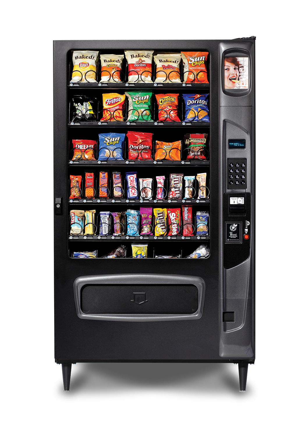 Large black snack vending machine stocked with chips, candy bars, cookies, and pastries, with keypad and payment display.