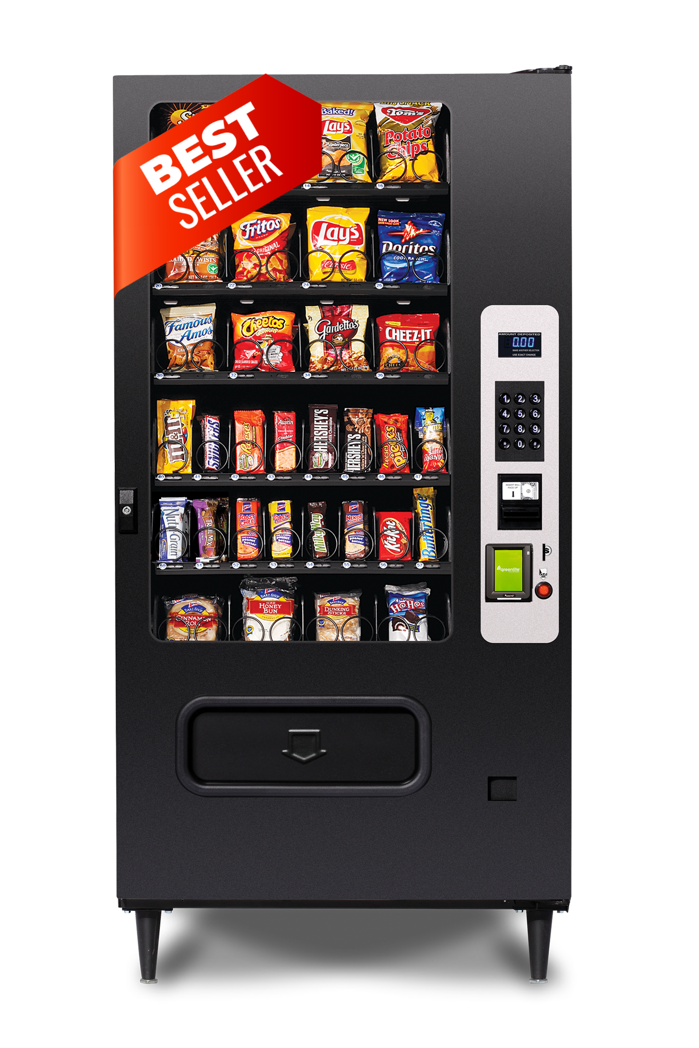Black snack vending machine labeled 'Best Seller' with multiple rows of popular snacks including Lay's chips, Doritos, Fritos, Cheetos, Cheez-It, Famous Amos cookies, candy bars, and pastries. The machine features a keypad, digital display, cash and card payment options, and a product delivery slot at the bottom.